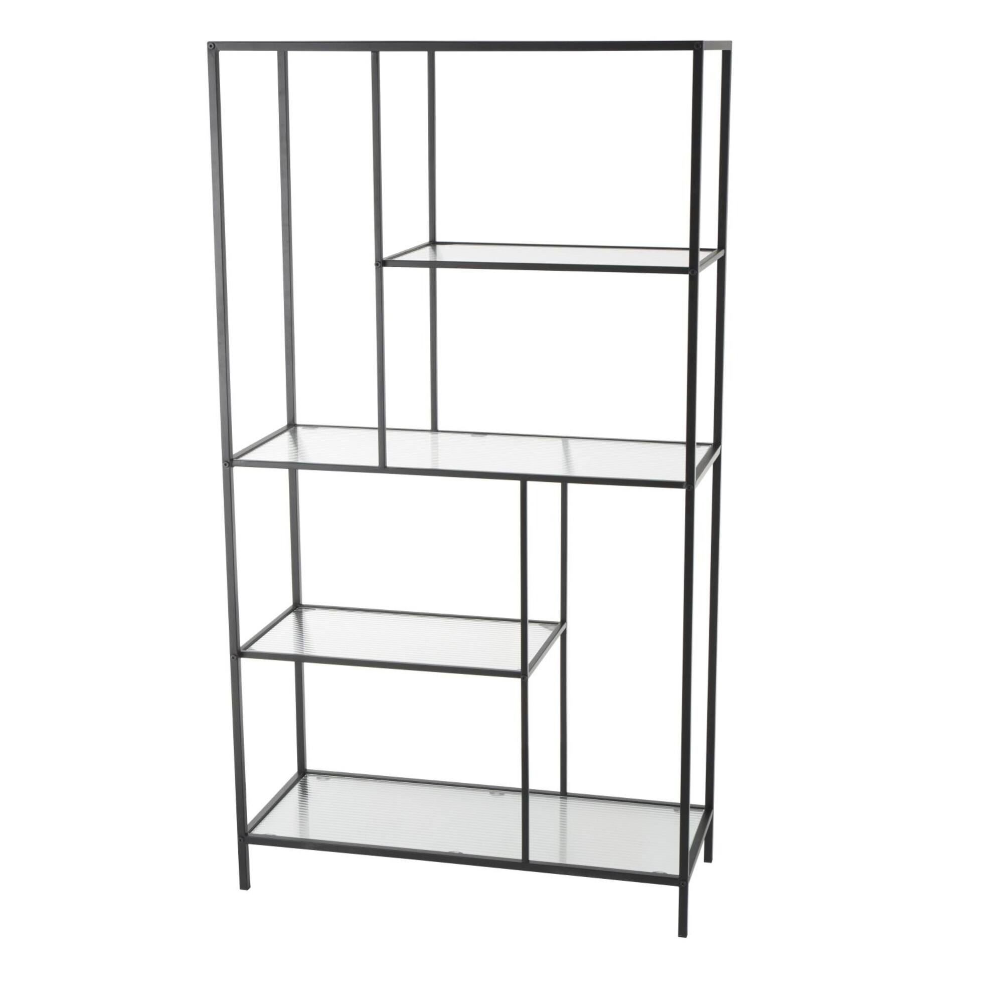 32" x 58" Black Metal 4 Shelf Storage Shelving Unit with Clear Glass Shelves